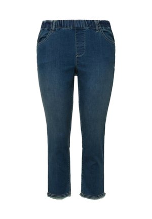 Jeans Capri-Hosen mit einem elastischen Bund in Dunkelblau. Mit zwei Vordertaschen und einem fransigen Saum. Angenehme glatte Textur.