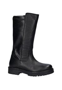 Zwarte leren kniehoge laars met een gestructureerde afwerking, brede schacht en stevige rubberen zool met een profielpatroon voor grip.
