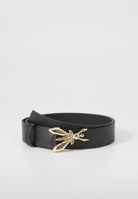 Cintura in pelle nera con una fibbia dorata a forma di insetto e dettagli di design geometrici. Texture liscia con una fascia solida e larga.