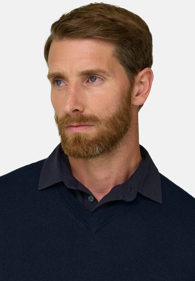 Homme aux cheveux bruns courts et à la barbe, portant une chemise sombre à col et un pull bleu marine, regardant légèrement sur le côté sur un fond uni.