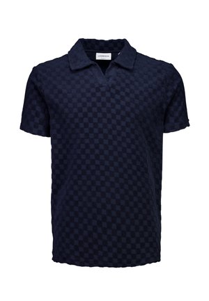 Polo a maniche corte blu navy con motivo a scacchiera strutturato e colletto aperto.