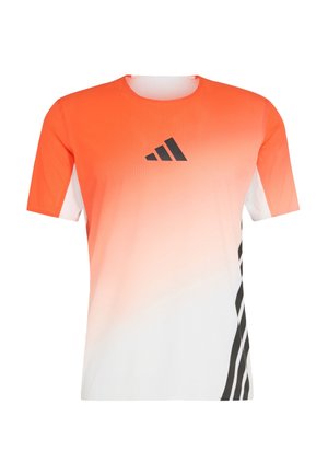 Short-sleeve T-shirt in gradient orange to white, featuring a textured fabric, black logo, and horizontal black stripes on the side.