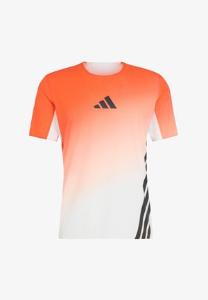 Short-sleeve T-shirt in gradient orange to white, featuring a textured fabric, black logo, and horizontal black stripes on the side.