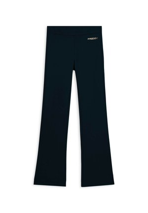 Pantaloni neri a zampa d'elefante realizzati in tessuto elasticizzato, con una superficie liscia e un logo dorato "Freddy" in vita.