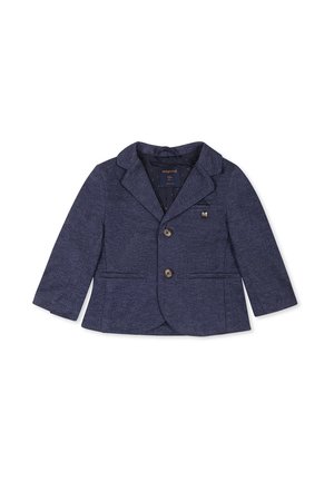 Blazer blu navy realizzato in tessuto testurizzato con rever a punta, due tasche frontali e bottoni decorativi. Interno foderato con etichetta del logo.