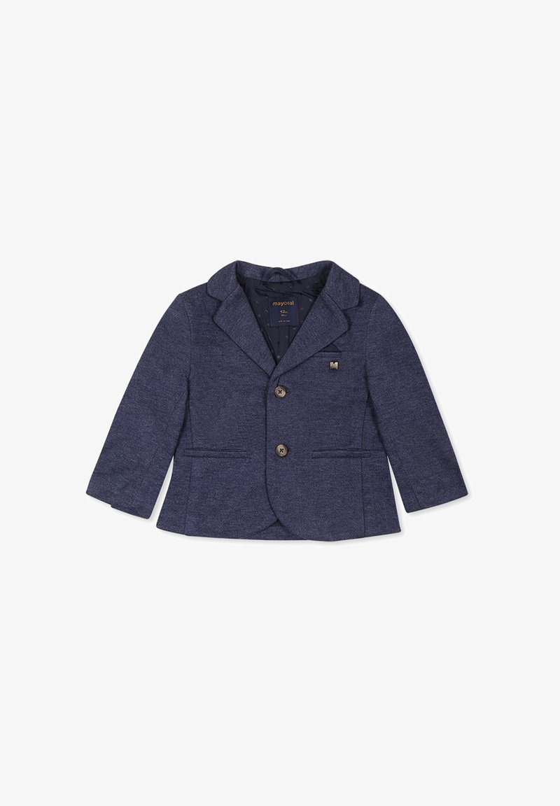 Blazer blu navy realizzato in tessuto testurizzato con rever a punta, due tasche frontali e bottoni decorativi. Interno foderato con etichetta del logo.