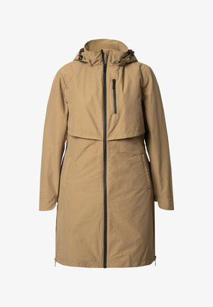 Tan waterdichte jas met een trekkoordcapuchon, ritssluiting en twee zijzakken. Heeft een kort bovenstuk en lange mouwen.