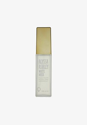 Alyssa Ashley White Musk -eau de toilette luonnonsuihke jääkylmässä suorakaiteen muotoisessa 100 ml pullossa, jossa on kultainen korkki.