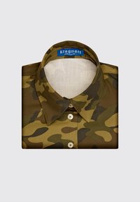 Camo-patterned shirt in shades of green and brown, made from fabric with a smooth texture, featuring a pointed collar and button closure.
