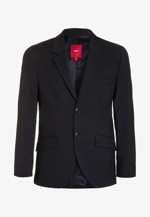 Sort skræddersyet blazer med to knapper, hakket revers, klaplommer, brystlomme og rød s.Oliver mærkelabel inde i kraven.