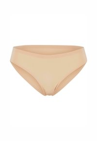 Bikini spodnjice za ženske v breskevni barvi z gladko teksturo, nizkim pasom in širokim pasom, ki vključujejo diskretne stranske izreze.