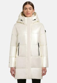 Padded white parka jacket with a shiny finish, hood, zippered side pockets, and black zipper accents. Square quilted design throughout.