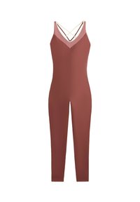 Reddish-brown jumpsuit with a fitted silhouette, featuring a V-neck, crisscross straps at the back, and a smooth, matte texture.