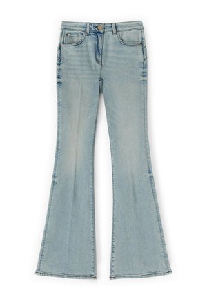 Hellblaue Jeans aus Denim mit ausgestellten Beinen, Vorderknopf- und Reißverschluss sowie klassischem Fünf-Taschen-Design.
