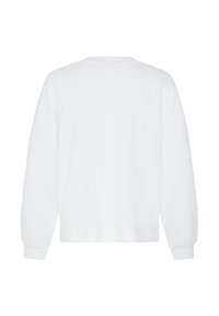 Sudadera blanca lisa de manga larga con puños y dobladillo acanalados, mostrada desde atrás sobre un fondo blanco.