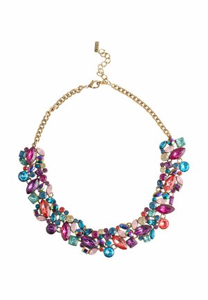 Mehrfarbige Statement-Halskette mit einer goldenen Kette, verschiedenen geschliffen Edelsteinen in Pink, Blau, Lila und Rot sowie einem Verschluss.