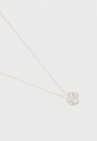 Ασημένιο κολιέ με αλυσίδα και στρογγυλό μενταγιόν που διαθέτει μια κεντρική διαφανή πέτρα περιτριγυρισμένη από μικρότερες διαφανείς πέτρες σε κυκλικό στήσιμο.