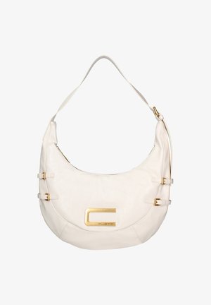 Borsa a spalla in pelle bianca con una forma curva, dettagli in metallo dorato e un logo in evidenza. Presenta una chiusura con zip e tracolle regolabili.