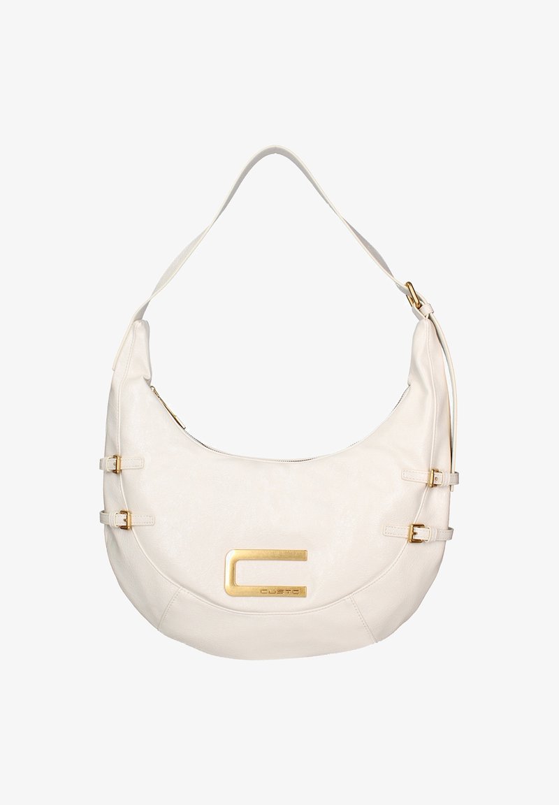 Borsa a spalla in pelle bianca con una forma curva, dettagli in metallo dorato e un logo in evidenza. Presenta una chiusura con zip e tracolle regolabili.