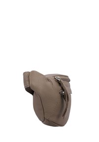 Braune Lederhandtasche mit runder Form, ausgestattet mit einem Reißverschluss oben und einer strukturierten Oberfläche. Keine auffälligen Muster oder Akzente.