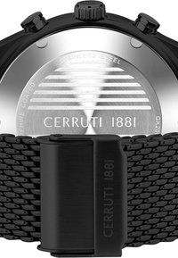 Juodas nerūdijančio plieno laikrodis su tekstūruotu tinkleliu, graviruota nugarėlė ir safyro danga stiklo paviršius, ant kurio pavaizduotas logotipas "CERRUTI 1881."