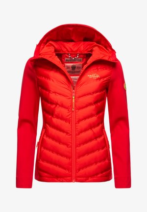 Red padded jacket with a hood, featuring a zip front, chevron quilting, elastic cuffs, and side pockets. Logo on the chest.
