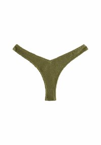 Olivgrön stickad tanga med ett texturerat mönster och en V-formad design. Minimalistisk med ett elastiskt midjeband för komfort.