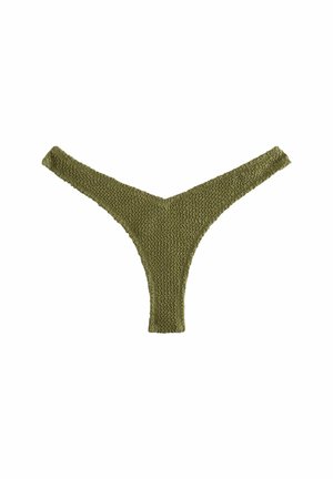 Olijfgroene gebreide string met een gestructureerd patroon en een V-vormig ontwerp. Minimalistisch met een elastische tailleband voor comfort.