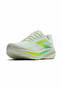Hardloopschoen met een lichtgewicht, ademende mesh bovenwerk in lichtgroen en wit, met een groene acccent en een gebogen, gevoerde zoolontwerp.