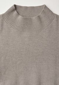 Hellgrauer Pullover mit hohem Kragen, ribbelter Farbe und glatter Textur. Der Körper ist aus einheitlichem Strick, was ein sauberes, minimalistisches Design bietet.