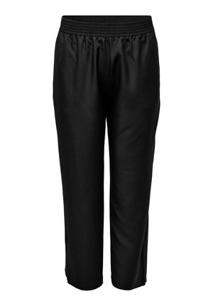 Schwarze elastische Bund-Hose mit geradem Bein aus glattem Stoff, geeignet für Freizeit- oder Sportkleidung.