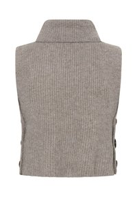 Ujjatlan szürke bordás mellény magas gallérral, oldalt gombdíszítéssel és puha, texturált anyagból.