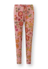 Rosa bestickte Hose mit floralem Design, verziert mit roten, gelben und lila Blumen. Sie hat einen elastischen Bund und enganliegende Bündchen.