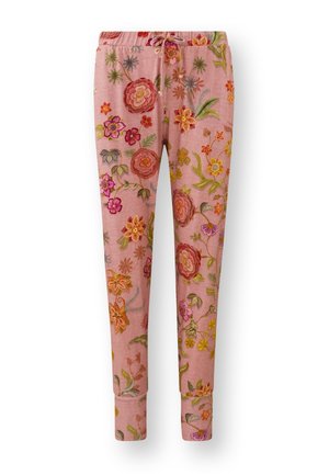 Roze geborduurde broek met een bloemenpatroon van rode, gele en paarse bloemen. Inclusief een elastische tailleband en nauwsluitende cuffs.