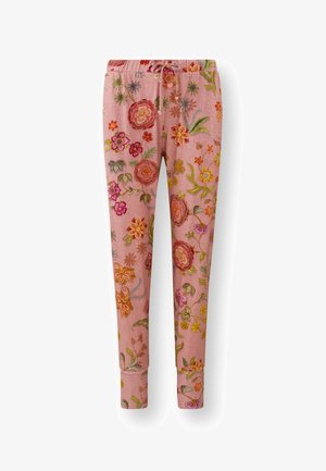 Rosa bestickte Hose mit floralem Design, verziert mit roten, gelben und lila Blumen. Sie hat einen elastischen Bund und enganliegende Bündchen.