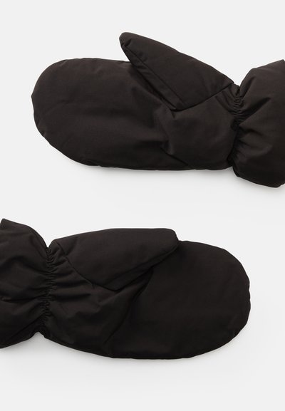 Mănuși negre dintr-un material moale și izolat, având o formă rotunjită, pufoasă, cu elastic gathered la încheietură pentru o potrivire strânsă.