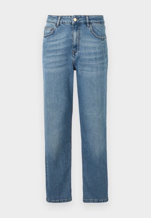 Lyse blå denim jeans med rett benkutt, synlige frontlommer, knappelukking og lett falming for tekstur.