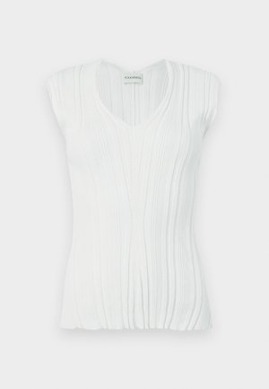Λευκή αμάνικη μπλούζα με V-λαιμόκοψη, με ανάγλυφο ριμπ σχέδιο και διακριτικές πιέτες, κατασκευασμένη από απαλό, ελαστικό υλικό.