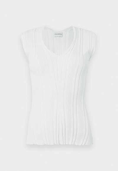 Λευκή αμάνικη μπλούζα με V-λαιμόκοψη, με ανάγλυφο ριμπ σχέδιο και διακριτικές πιέτες, κατασκευασμένη από απαλό, ελαστικό υλικό.