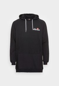 Sweat à capuche noir à manches longues avec cordons blancs, poche kangourou devant et petit logo "ellesse" blanc et orange sur la poitrine gauche.
