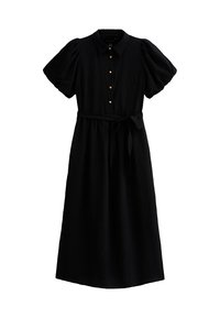 Abito nero con collo a camicia, maniche a sbuffo corte, chiusura frontale con bottoni e cintura coordinata. Realizzato in tessuto testurizzato.