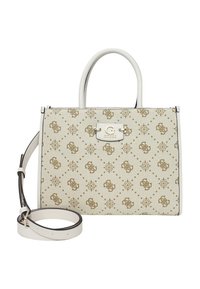 Borsa bianca testurizzata con motivo e logo dorati. Presenta doppi manici, tracolla rimovibile e accessori in metallo.
