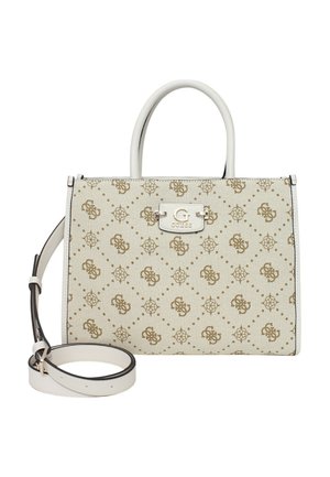 Sac à main texturé blanc avec motif doré et logo. Doté de poignées doubles, d'une bandoulière amovible et de quincaillerie en métal.