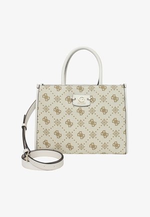 Sac à main texturé blanc avec motif doré et logo. Doté de poignées doubles, d'une bandoulière amovible et de quincaillerie en métal.