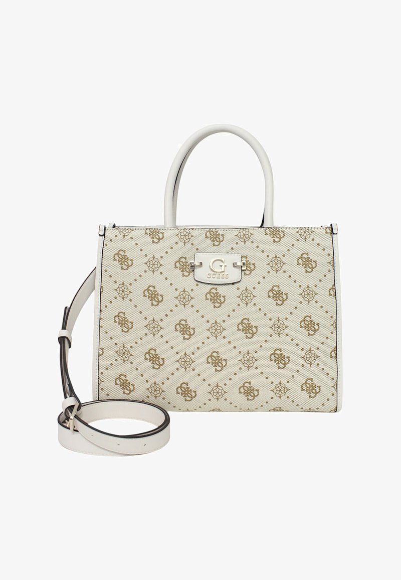 Borsa bianca testurizzata con motivo e logo dorati. Presenta doppi manici, tracolla rimovibile e accessori in metallo.