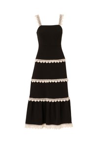 Robe noire avec des bordures en dentelle sur les bretelles et les volants. Un corsage ajusté, une jupe évasée et un ourlet festonné. Texture lisse et design structuré.