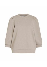 Pullover in beige chiaro con scollo rotondo, cuciture delle spalle arricciate e polsini a costine alle maniche e all'orlo. Tessuto morbido.