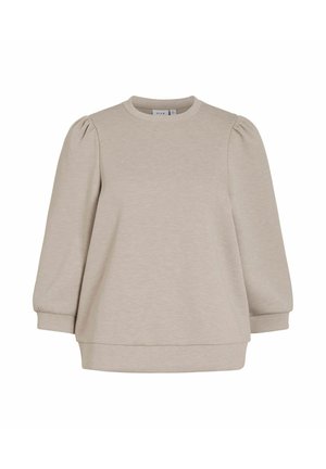 Hellbeige Pullover-Sweatshirt mit rundem Ausschnitt, gerafften Schulternähten und gerippten Bündchen an den Ärmeln und am Saum. Weicher Stoff.