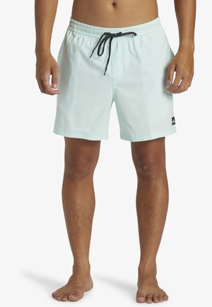 Shorts de bain vert menthe clair avec une taille élastique, un cordon noir ajustable et un petit logo noir sur le côté gauche.