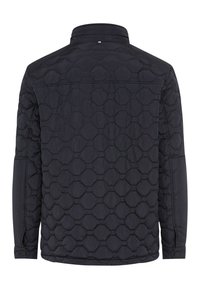 Veste matelassée noire avec un motif de couture hexagonal, manches longues et col montant, vue de dos.